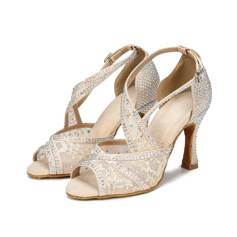 Mesh Breathable Latin Dance Shoes Women's High Heel Diamond Summer Sandals Indoor Soft Bottom Jazz Tango