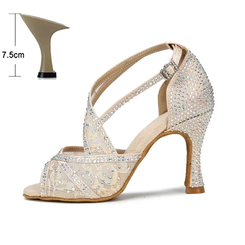 Mesh Breathable Latin Dance Shoes Women's High Heel Diamond Summer Sandals Indoor Soft Bottom Jazz Tango