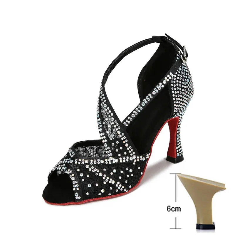 Mesh Breathable Latin Dance Shoes Women's High Heel Diamond Summer Sandals Indoor Soft Bottom Jazz Tango