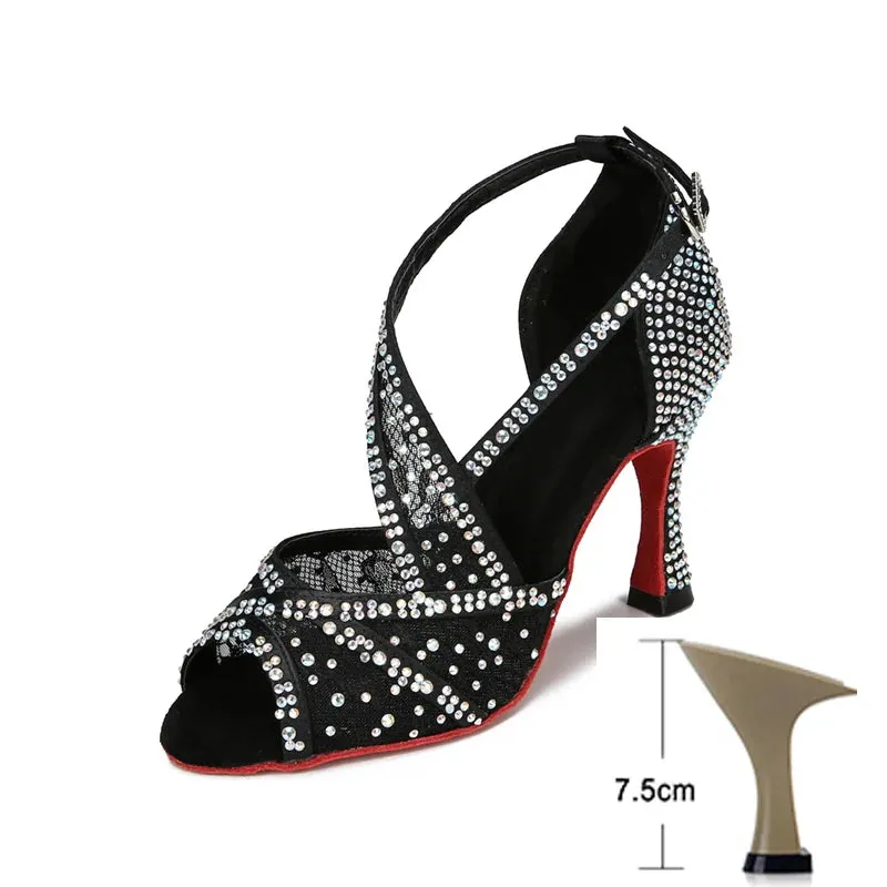 Mesh Breathable Latin Dance Shoes Women's High Heel Diamond Summer Sandals Indoor Soft Bottom Jazz Tango