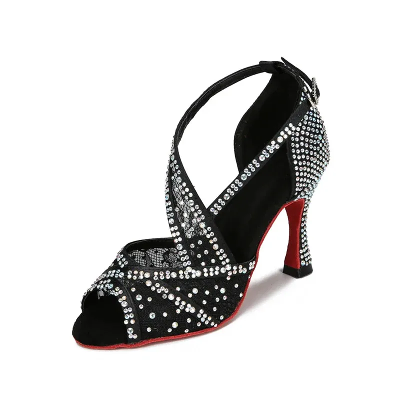 Mesh Breathable Latin Dance Shoes Women's High Heel Diamond Summer Sandals Indoor Soft Bottom Jazz Tango