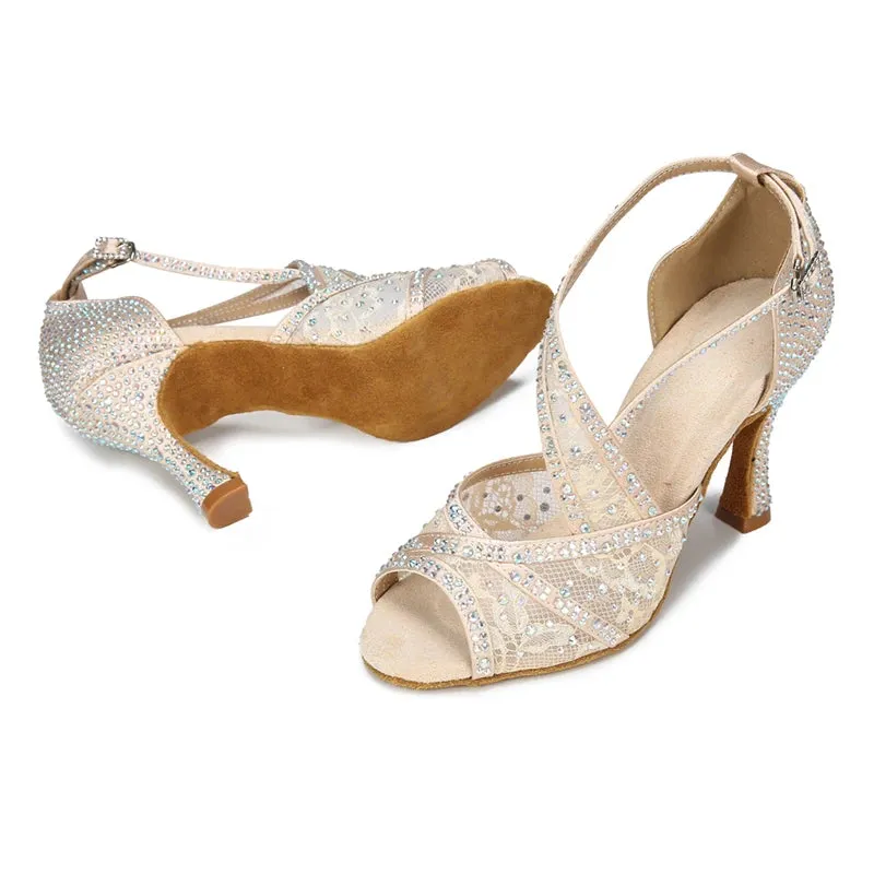 Mesh Breathable Latin Dance Shoes Women's High Heel Diamond Summer Sandals Indoor Soft Bottom Jazz Tango