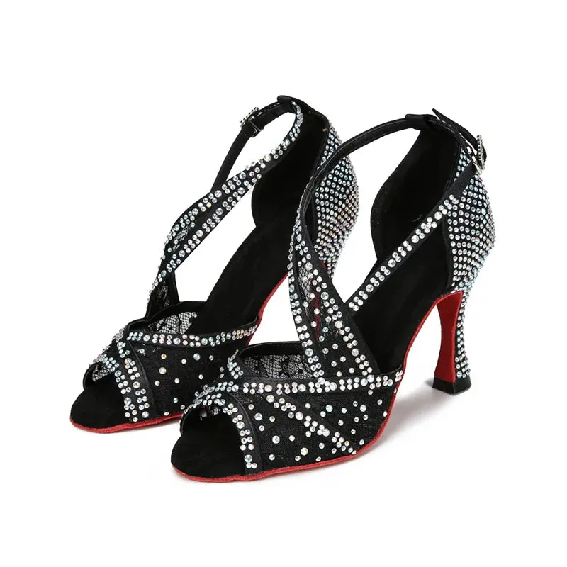 Mesh Breathable Latin Dance Shoes Women's High Heel Diamond Summer Sandals Indoor Soft Bottom Jazz Tango