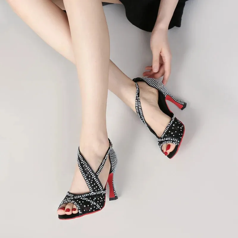 Mesh Breathable Latin Dance Shoes Women's High Heel Diamond Summer Sandals Indoor Soft Bottom Jazz Tango