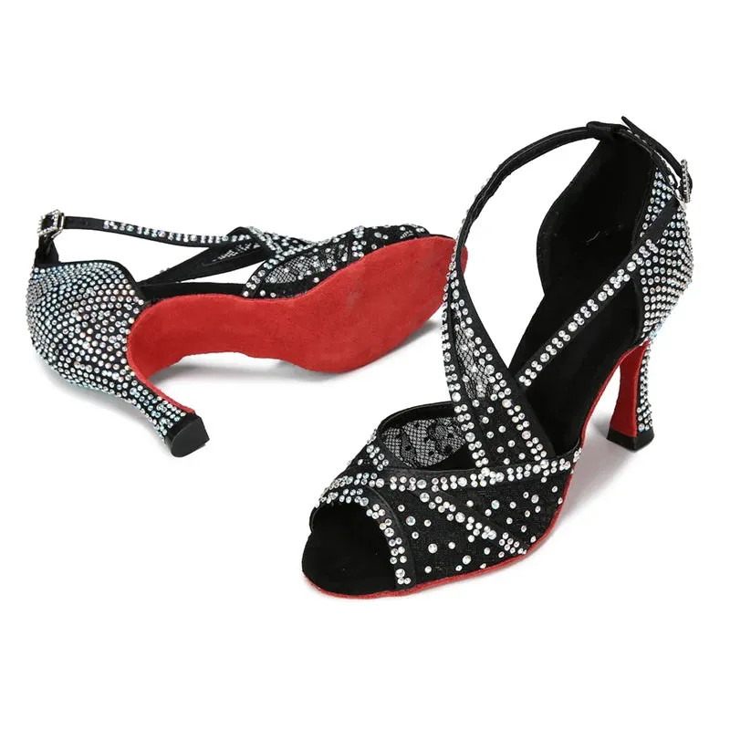 Mesh Breathable Latin Dance Shoes Women's High Heel Diamond Summer Sandals Indoor Soft Bottom Jazz Tango