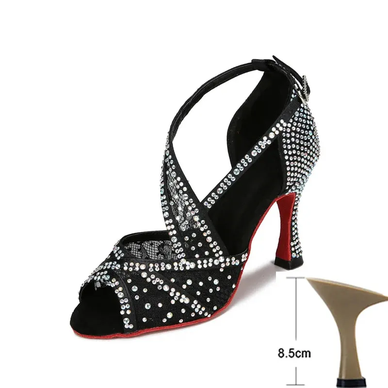 Mesh Breathable Latin Dance Shoes Women's High Heel Diamond Summer Sandals Indoor Soft Bottom Jazz Tango