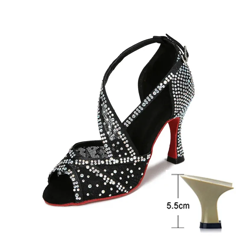 Mesh Breathable Latin Dance Shoes Women's High Heel Diamond Summer Sandals Indoor Soft Bottom Jazz Tango