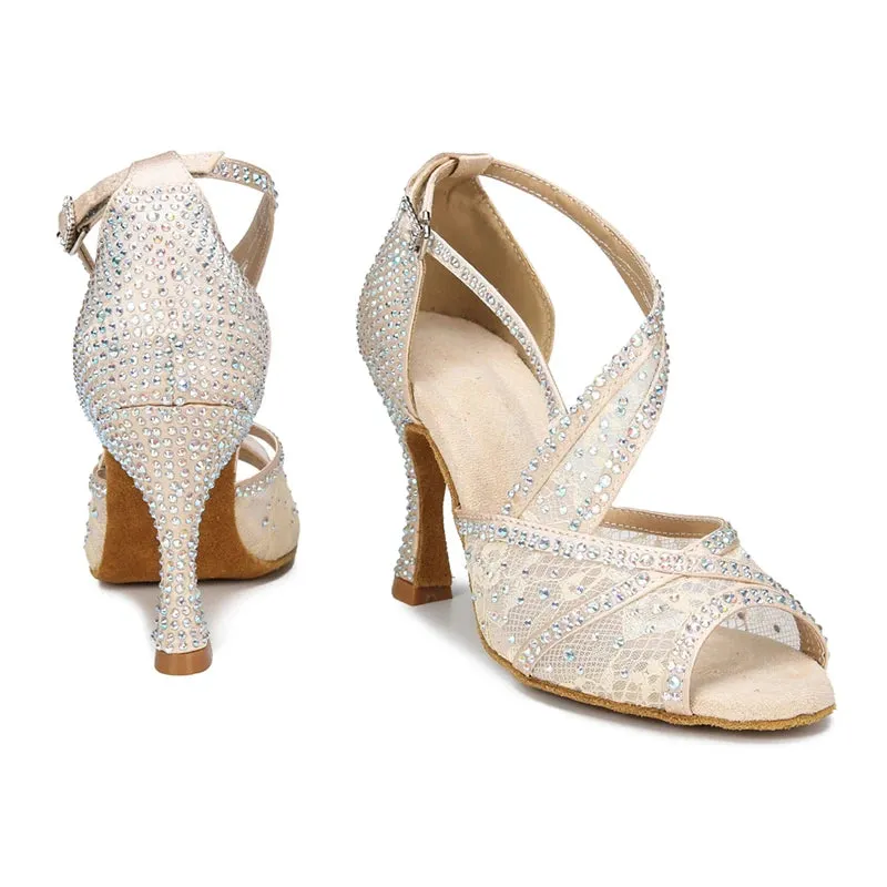 Mesh Breathable Latin Dance Shoes Women's High Heel Diamond Summer Sandals Indoor Soft Bottom Jazz Tango