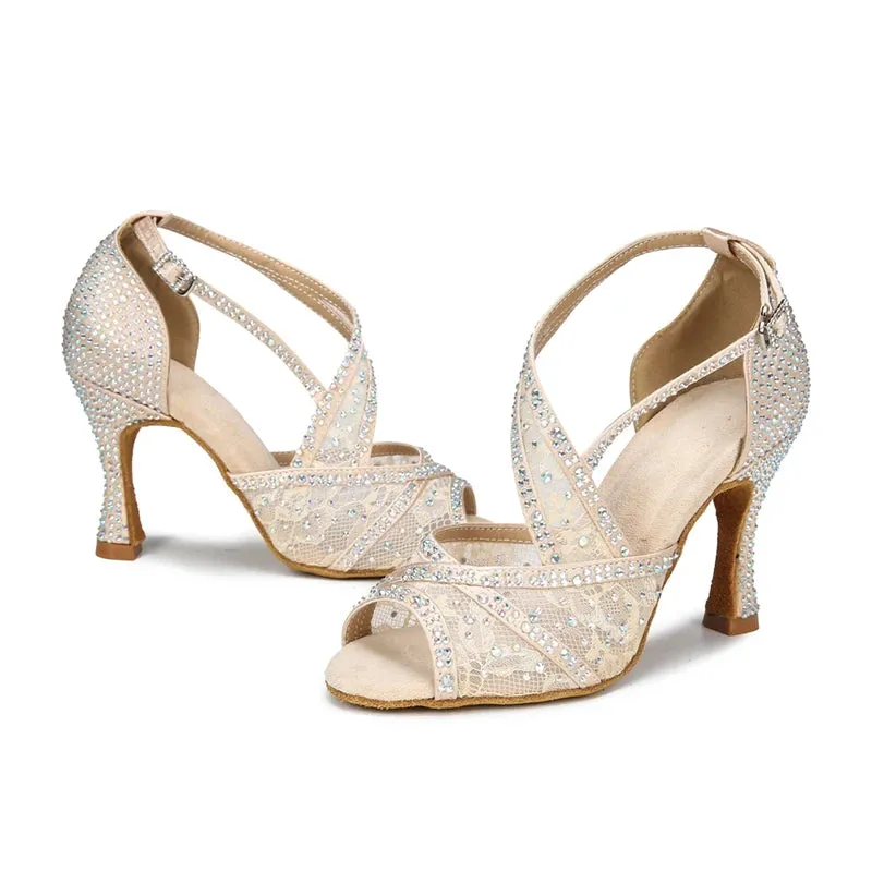 Mesh Breathable Latin Dance Shoes Women's High Heel Diamond Summer Sandals Indoor Soft Bottom Jazz Tango