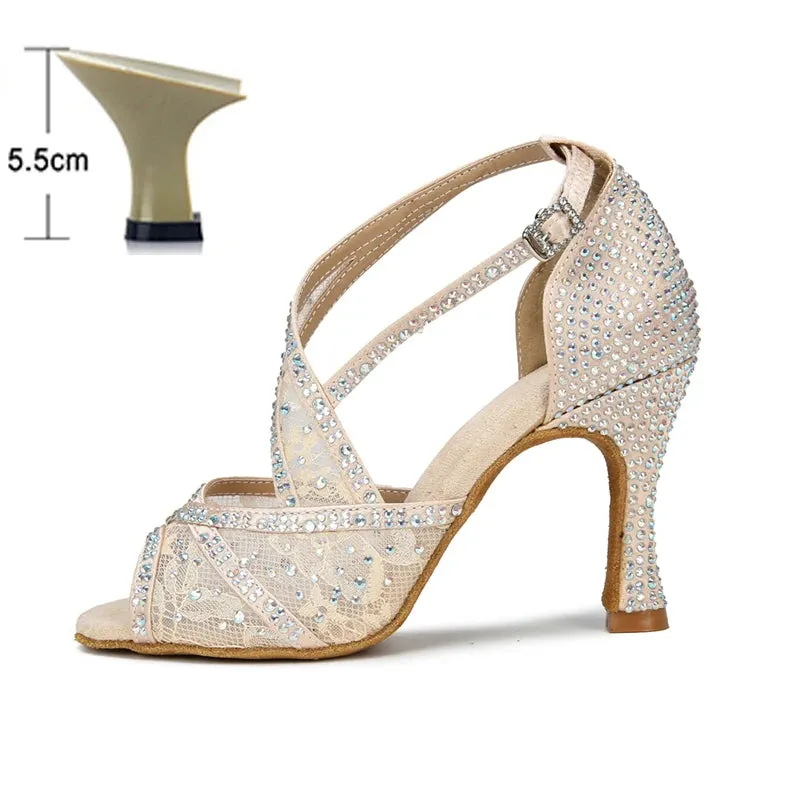 Mesh Breathable Latin Dance Shoes Women's High Heel Diamond Summer Sandals Indoor Soft Bottom Jazz Tango