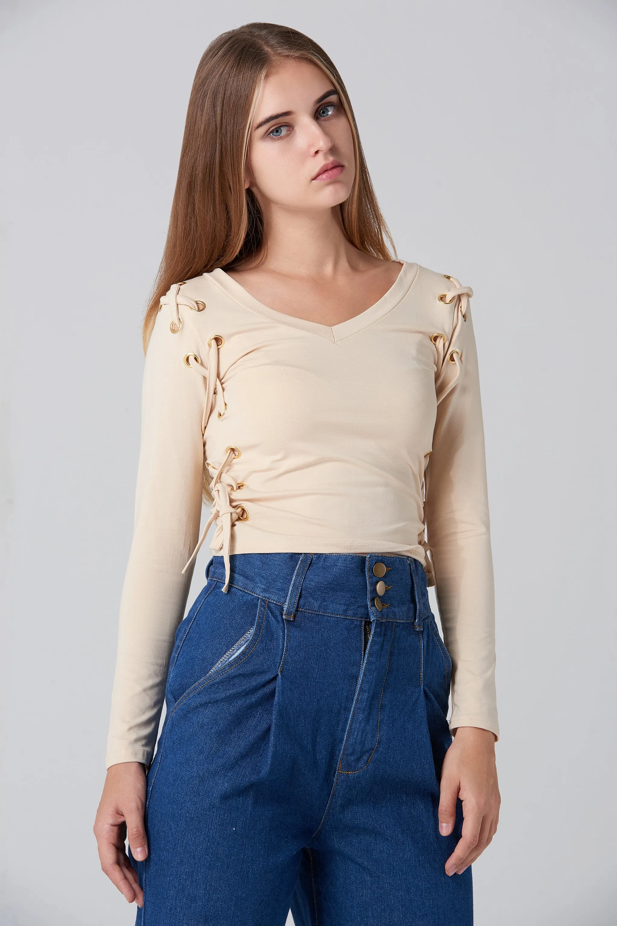 Nude Side Lace Long Sleeves Top