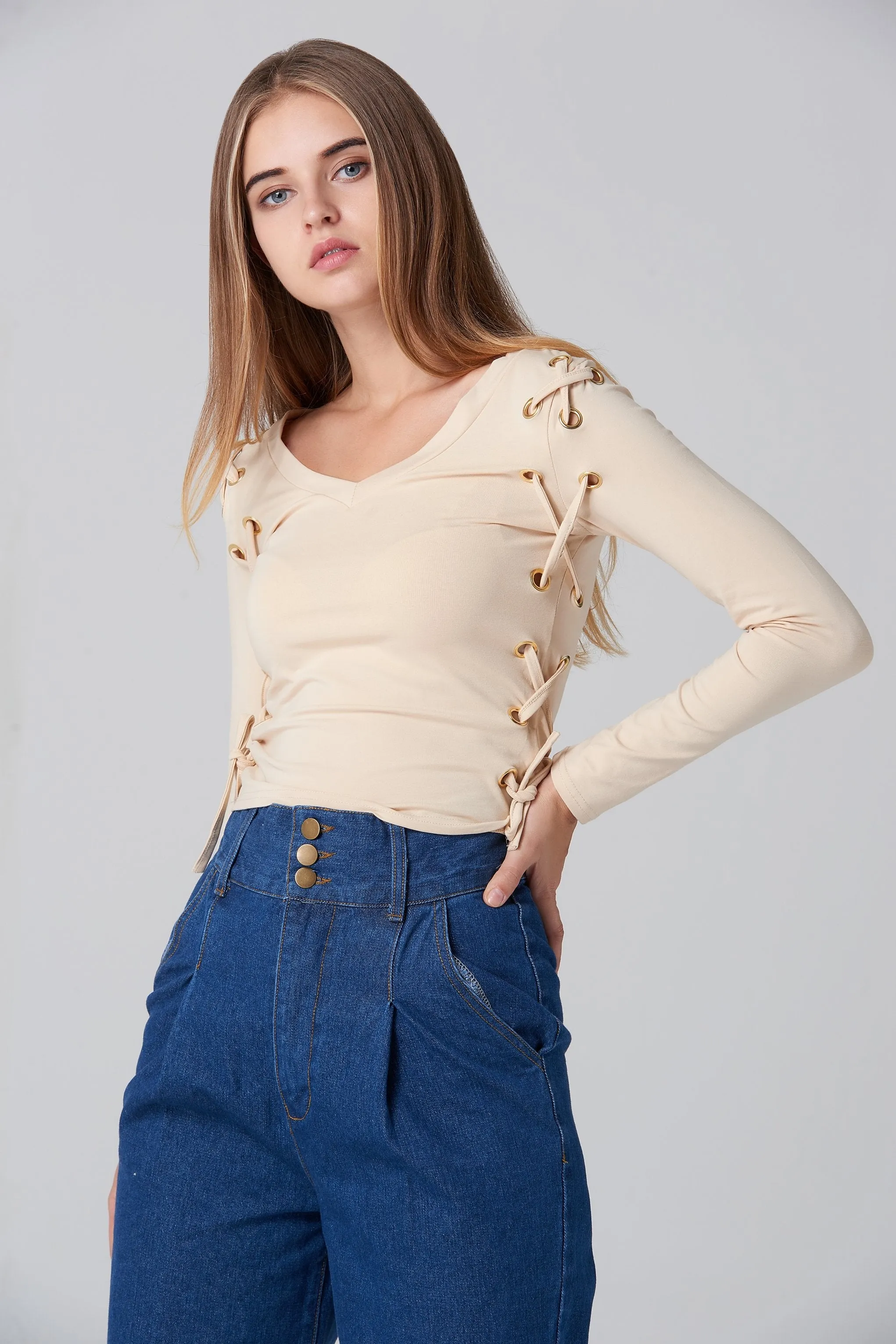 Nude Side Lace Long Sleeves Top