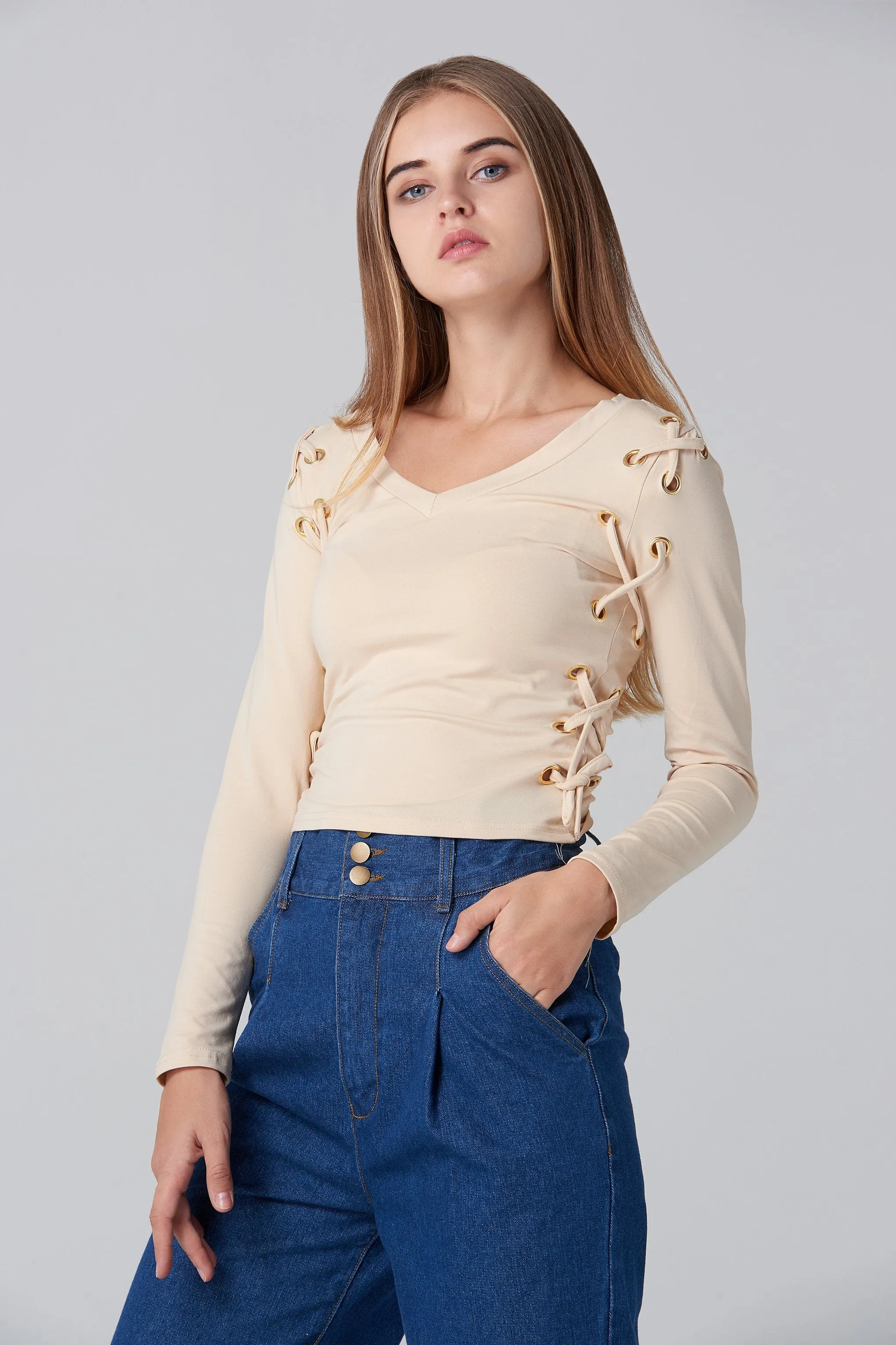 Nude Side Lace Long Sleeves Top