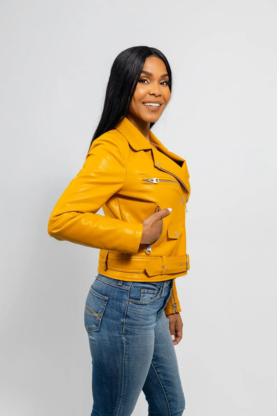 Remy - Women's Vegan Faux Leather Jacket (Mustard)