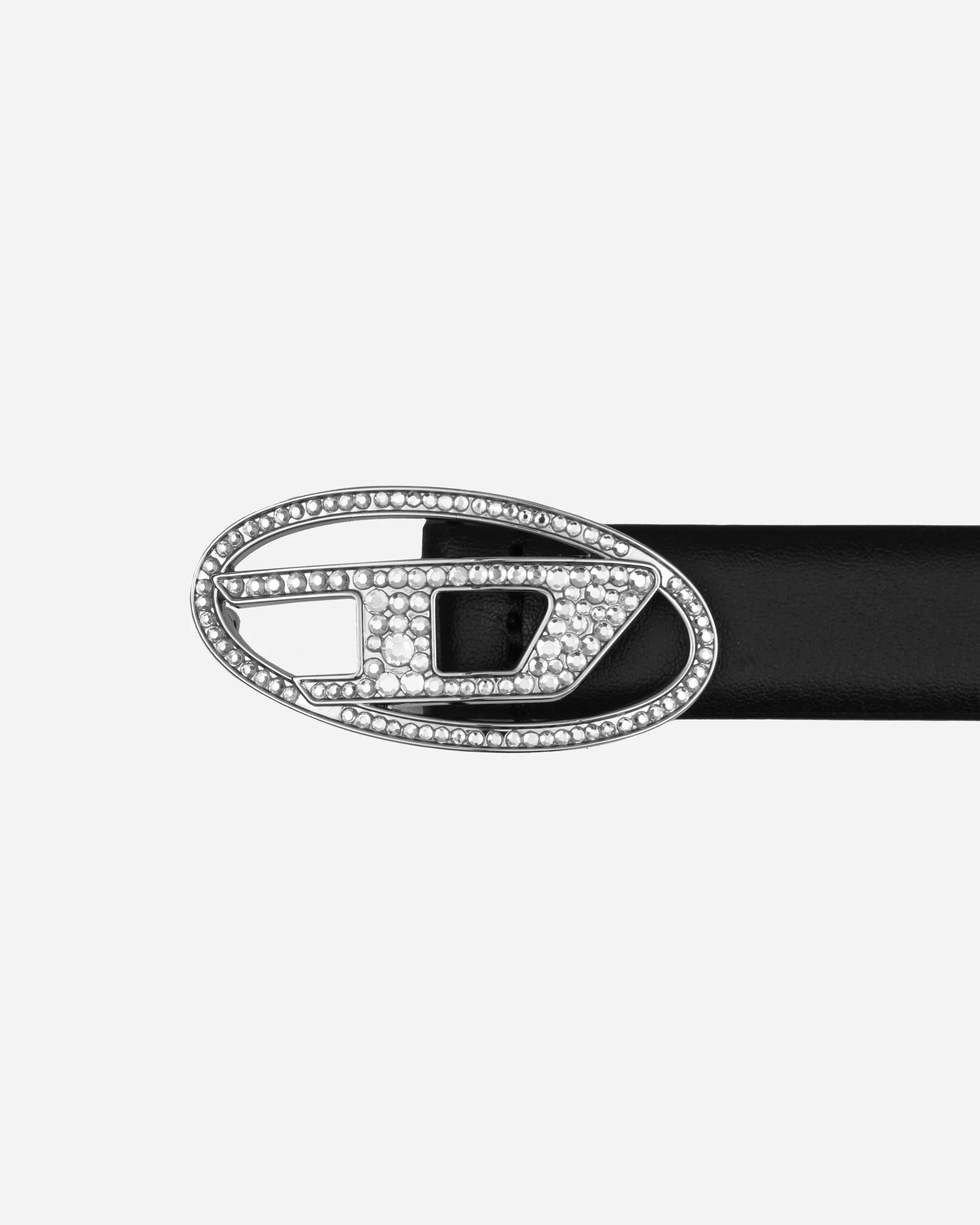 Rhinestone D Buckle Leather Belt Black