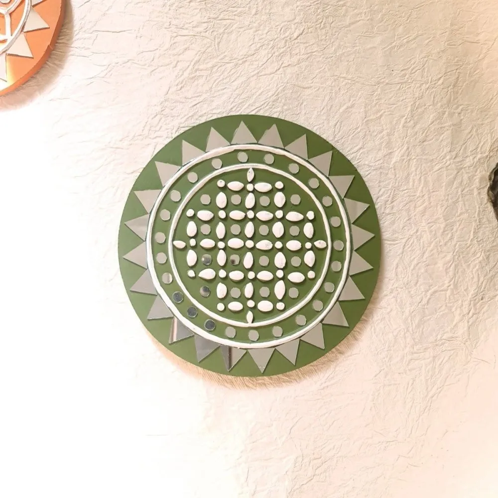 Round Olive Handcrafted Mud & Mirror Work Wall Art