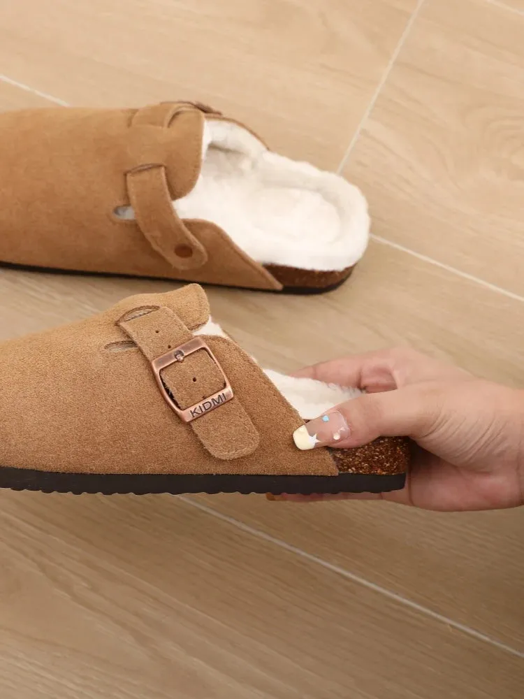 Shevalues Fur Classic Clogs For Women Winter New Fashion Cork Insole Plush Slipper With Arch Support Cozy Home Furry Suede Mules
