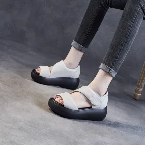 Women Minimalist Solid Leather Velcro Casual Sandals