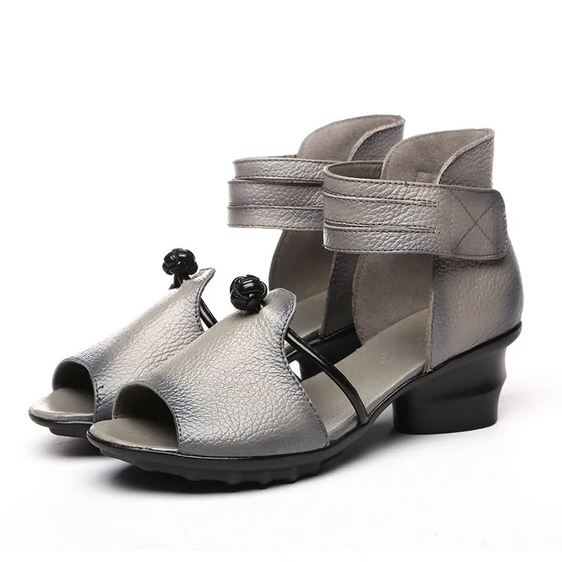 Women Summer Leather Velcro Low Heel Sandals