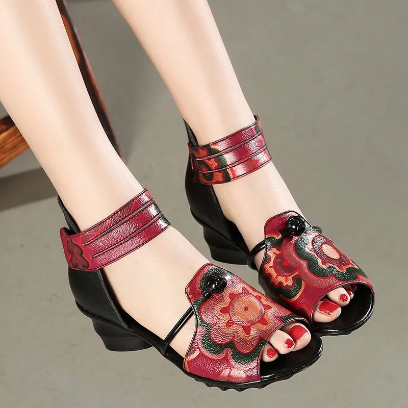 Women Summer Leather Velcro Low Heel Sandals