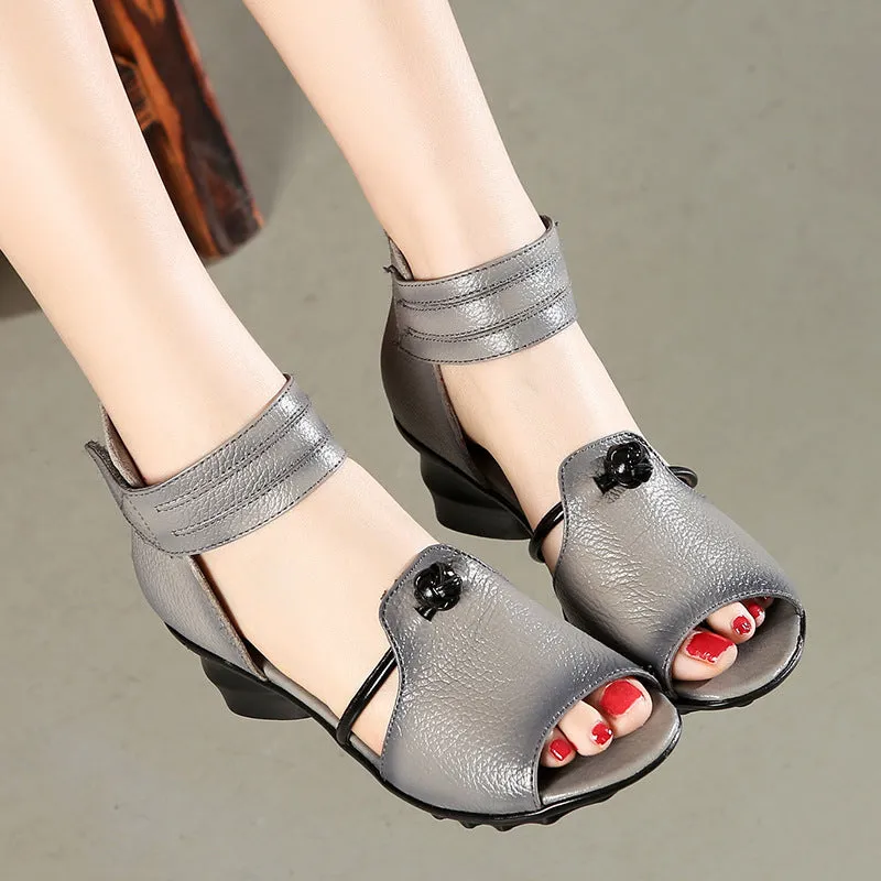 Women Summer Leather Velcro Low Heel Sandals