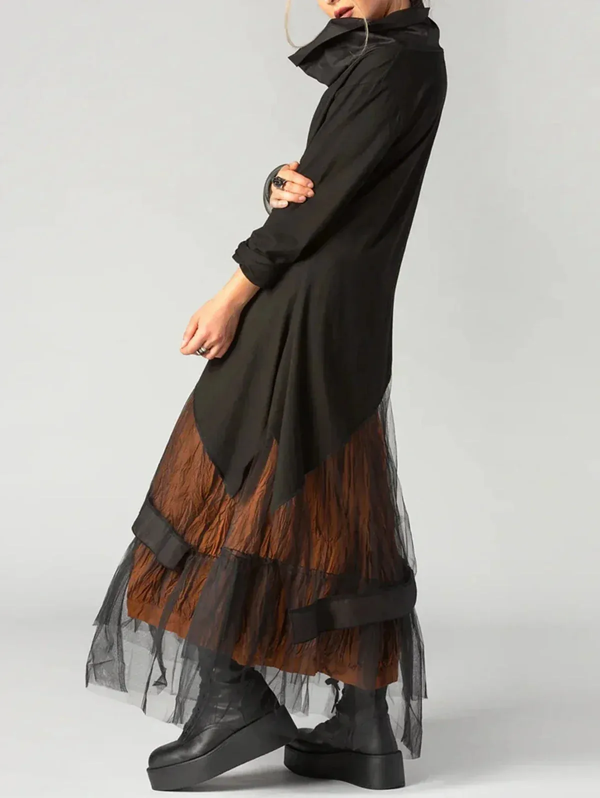 Women's Dress Cowl Neck Patchwork Mesh Tiered Long Sleeve Maxi Dress Vintage Casual A-Line Autumn Aysmmetric Hem Dress