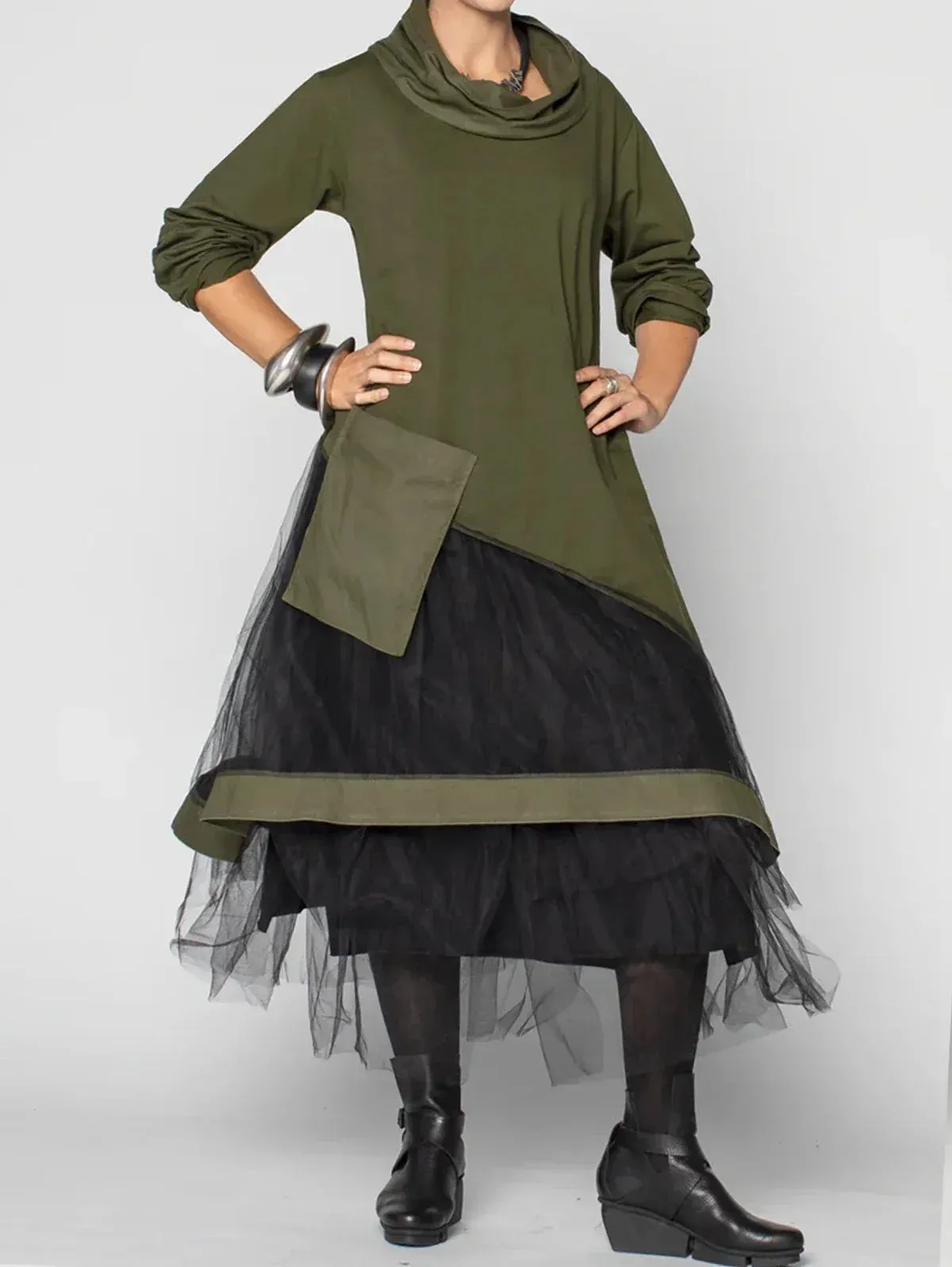 Women's Dress Cowl Neck Patchwork Mesh Tiered Long Sleeve Maxi Dress Vintage Casual A-Line Autumn Aysmmetric Hem Dress
