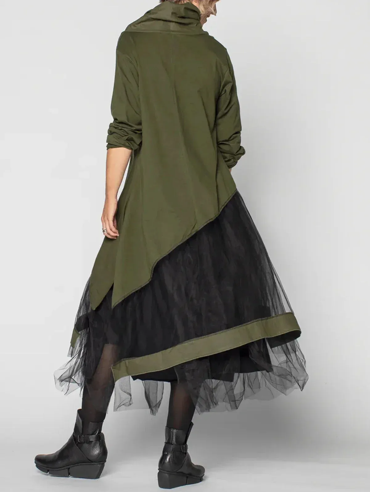 Women's Dress Cowl Neck Patchwork Mesh Tiered Long Sleeve Maxi Dress Vintage Casual A-Line Autumn Aysmmetric Hem Dress