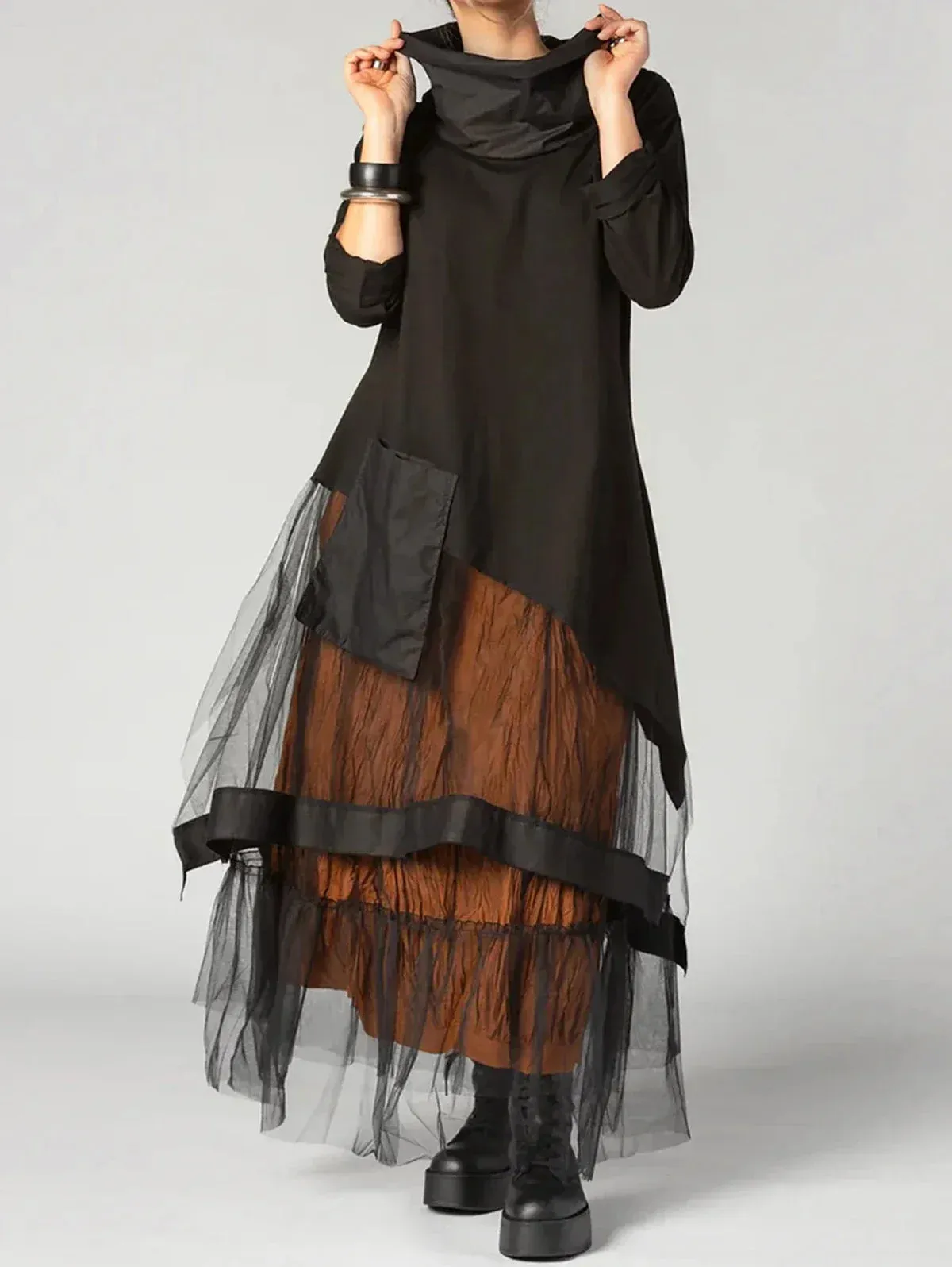 Women's Dress Cowl Neck Patchwork Mesh Tiered Long Sleeve Maxi Dress Vintage Casual A-Line Autumn Aysmmetric Hem Dress
