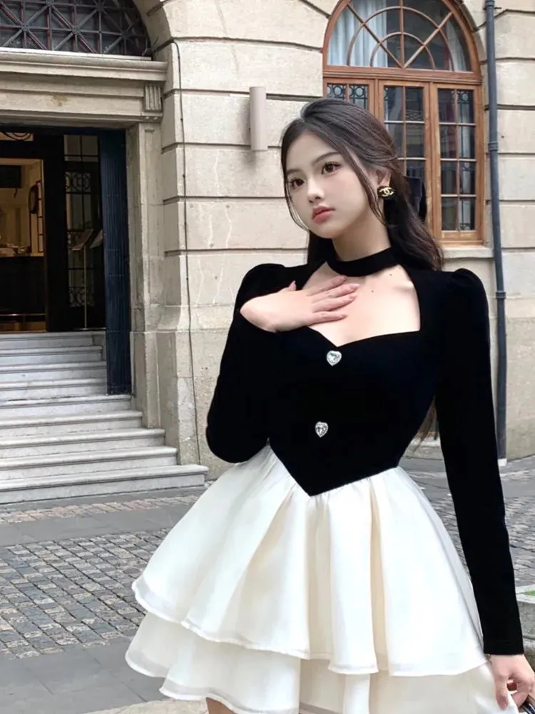 Y2K Mini Princess Dress Women Velvet Patchwork Layered Ruffles A-Line Autumn Spring Elegant Vintage Evening Party Vestidos Mujer