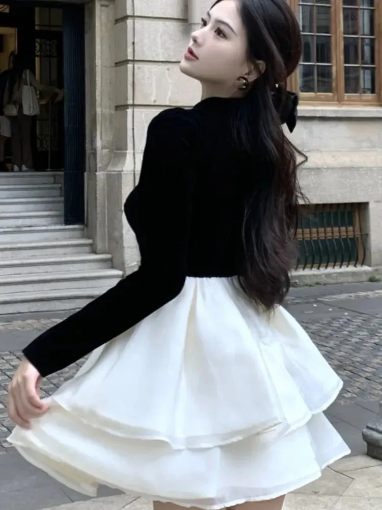 Y2K Mini Princess Dress Women Velvet Patchwork Layered Ruffles A-Line Autumn Spring Elegant Vintage Evening Party Vestidos Mujer